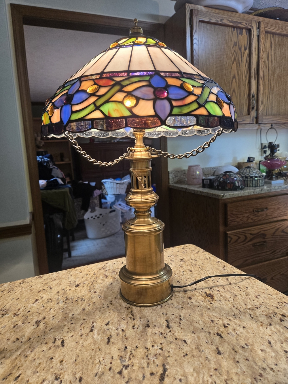 Tiffany-Style Stained Glass Table Lamp with Brass Base - Multicolor